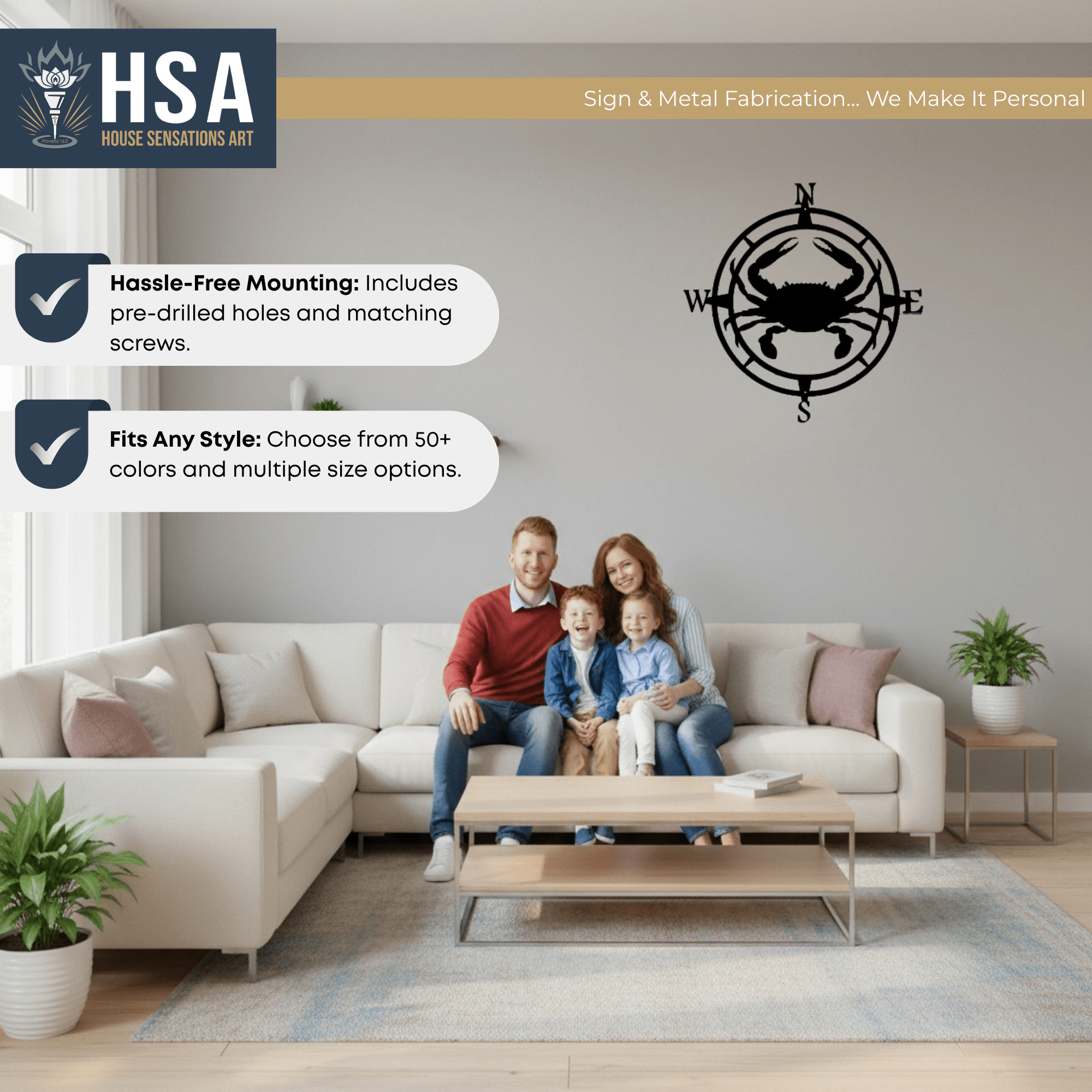 Family in living room with custom compass metal wall art featuring crab design, nautical décor displayed above couch with HSA branding.