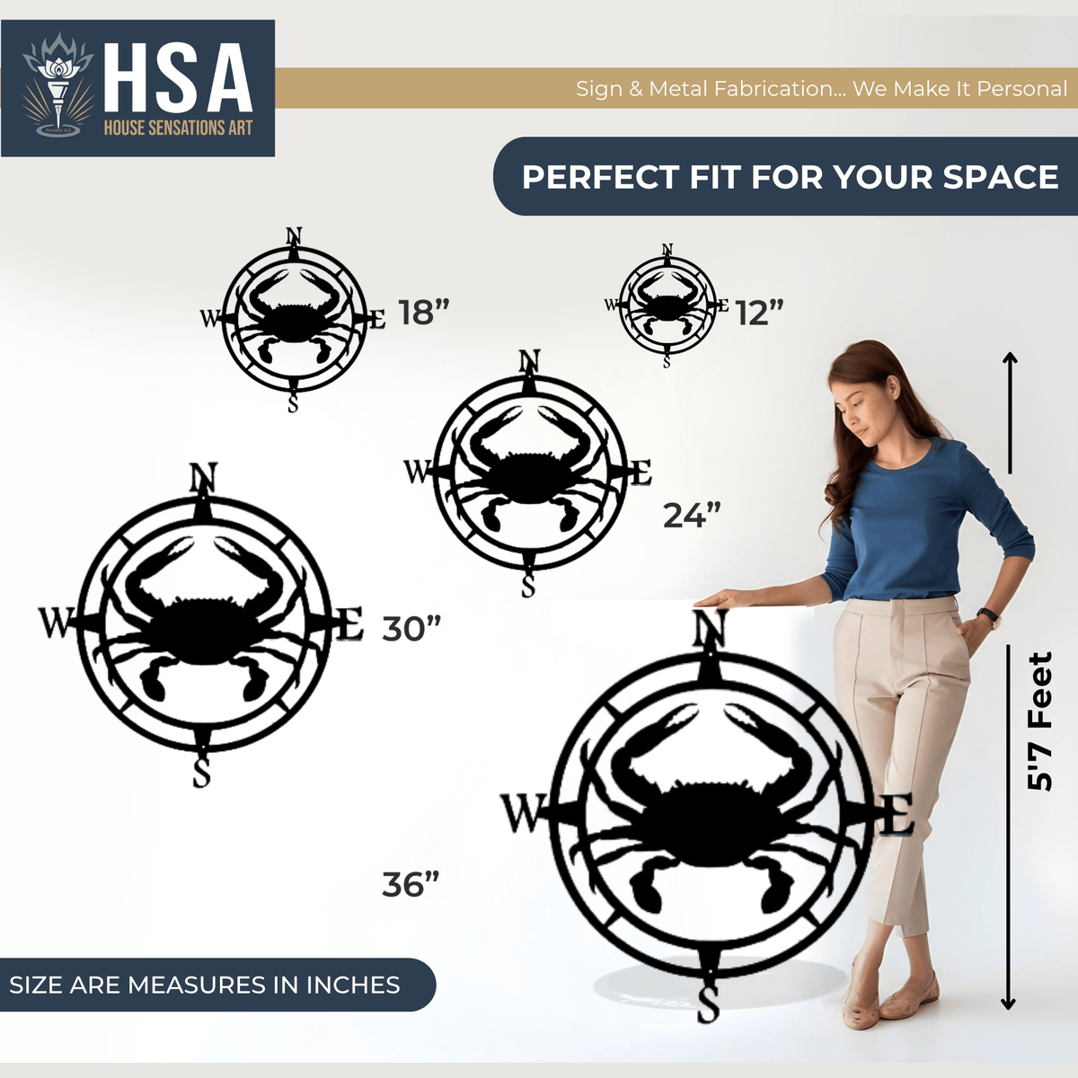 Personalized metal art by House Sensations Art displayed with size options 12", 18", 24", 30", and 36", shown with a woman for scale to highlight dimensions, design details, and durable metal craftsmanship.