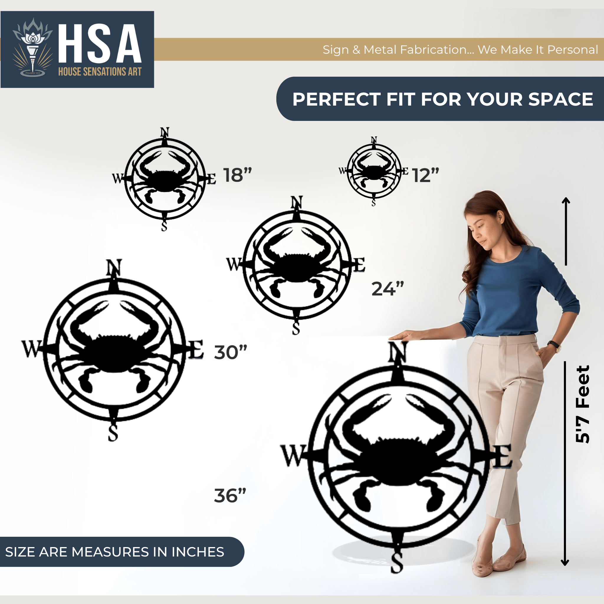 Personalized metal art by House Sensations Art displayed with size options 12", 18", 24", 30", and 36", shown with a woman for scale to highlight dimensions, design details, and durable metal craftsmanship.