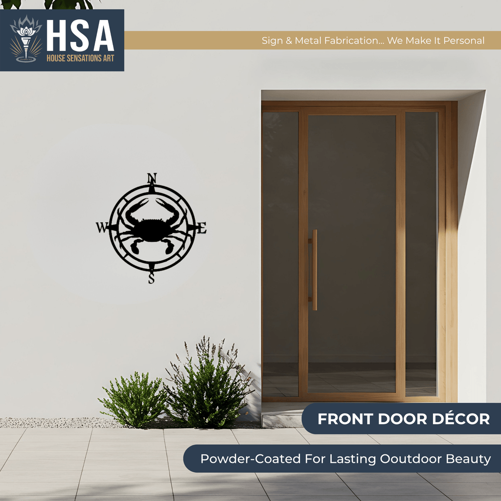 Custom compass metal wall art with crab design for nautical décor, mounted near front door on white wall with HSA branding.