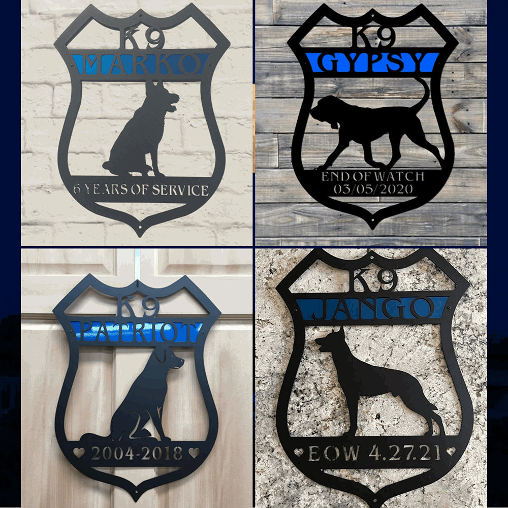 Set of four decorative metal plaques featuring K9 dog silhouettes and text, displayed on a wooden background, highlighting custom designs and durable craftsmanship.