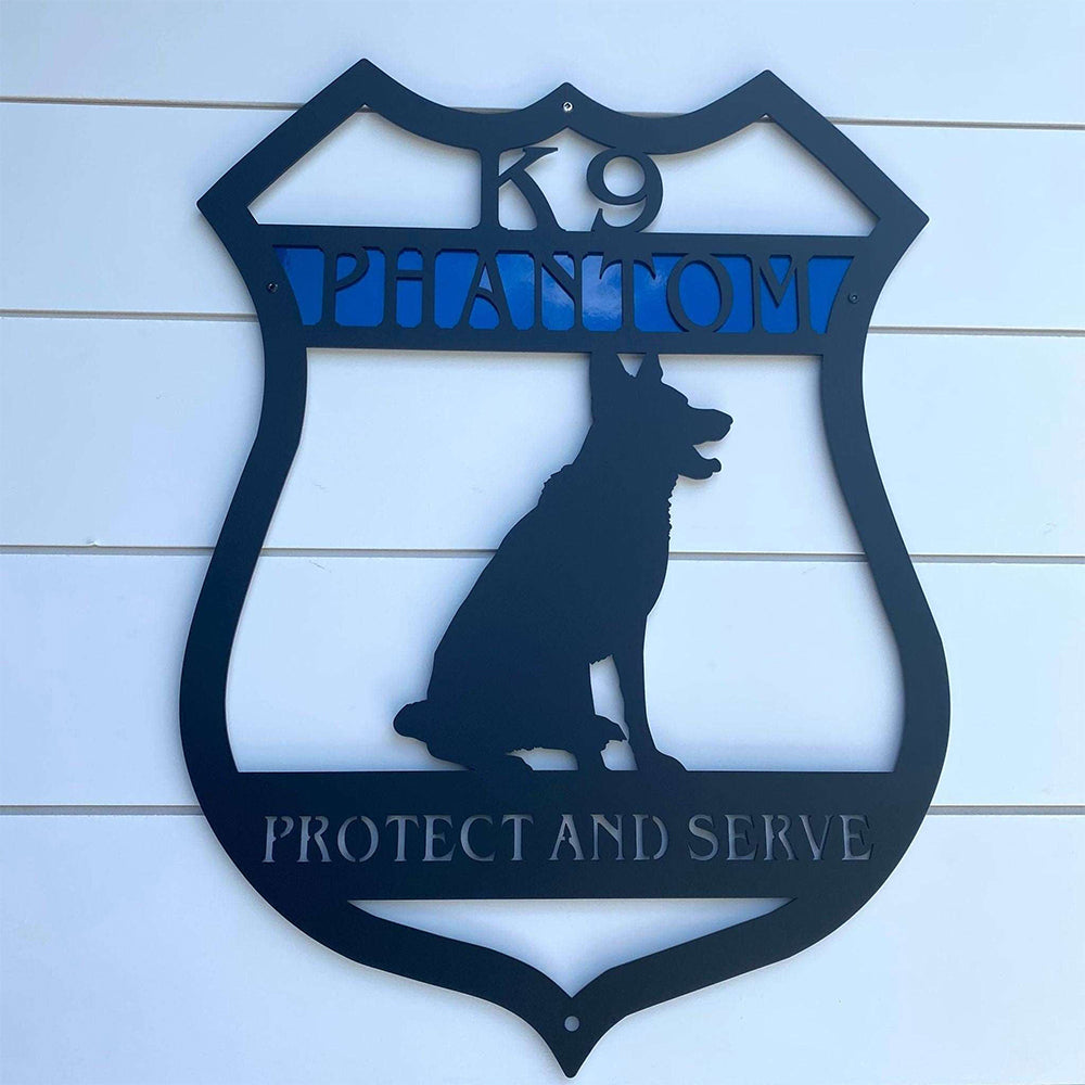 Decorative metal sign featuring a K9 silhouette and the text “Protect and Serve” on a white background, highlighting bold design and durable craftsmanship.