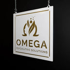 Custom double-faced 3D business logo sign of “Omega Psychiatric Solutions” with logo on white background, HouseSensationsArt.