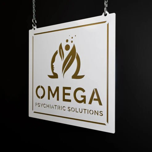 Custom double-faced 3D business logo sign of “Omega Psychiatric Solutions” with logo on white background, HouseSensationsArt.