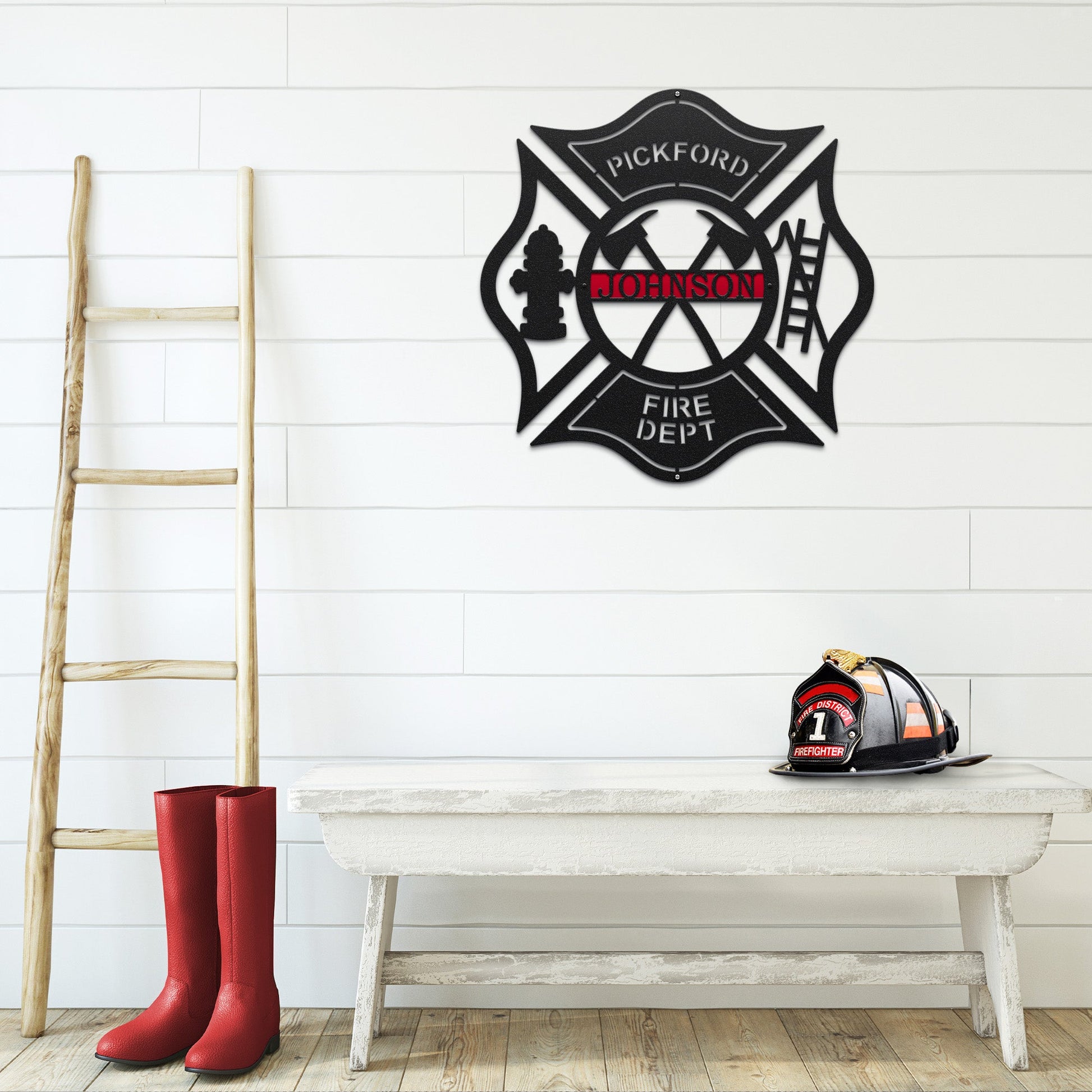Custom firefighter address plaque – laser cut Maltese cross metal sign with family name and house number.