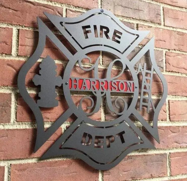 Custom firefighter door hanger – durable outdoor sign with personalized firehouse name and emblem.