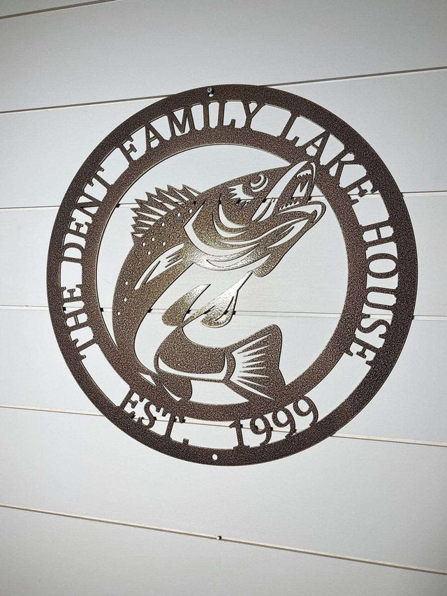 Custom fish metal sign with walleye design for cabin address decor