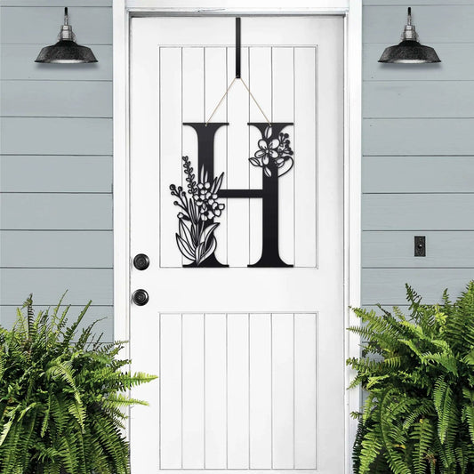 Custom floral monogram metal door wreath sign for personalized front door decor