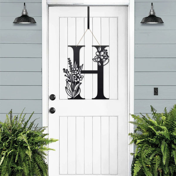 Personalized Floral Door Wreath – Monogram Metal Front Door Sign