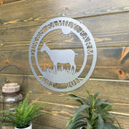 Custom goat metal sign for barns and farmhouses, outdoor décor with goat silhouette and 'Dukes Family Farm' text on wooden background