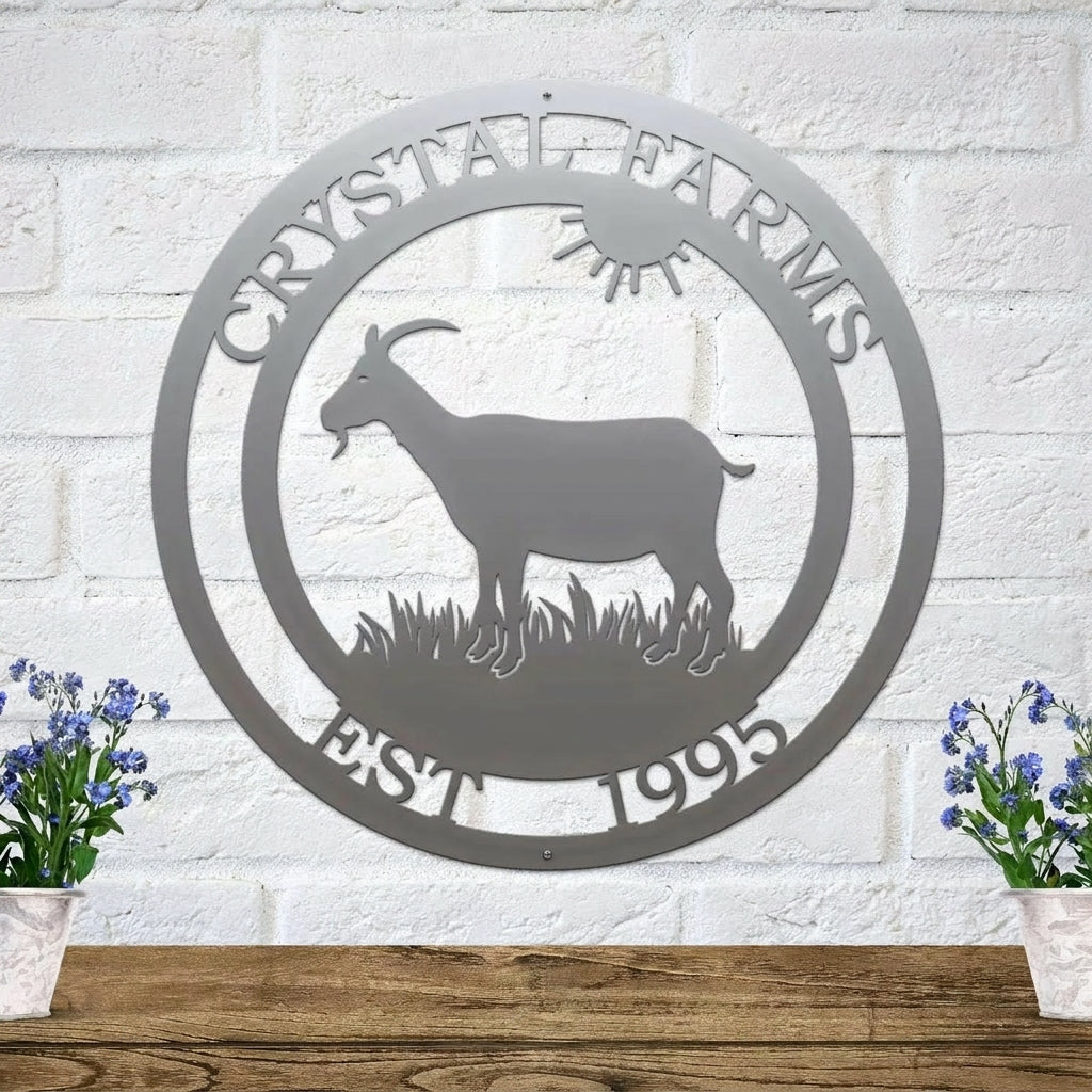 Custom gray goat metal sign for barns and farmhouses, outdoor décor with goat silhouette and 'Crystal Farms' text on white brick wall