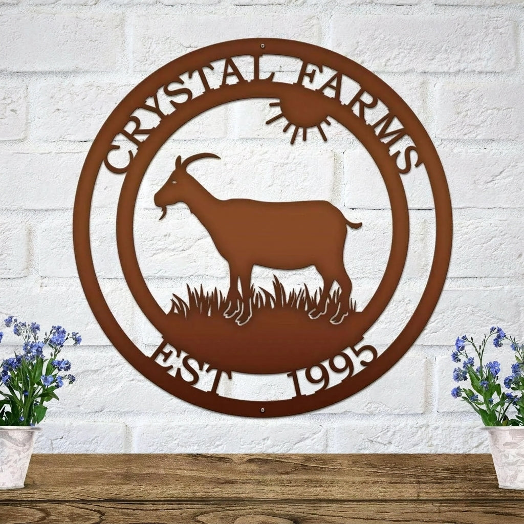 Custom goat metal sign for barns and farmhouses, brown outdoor décor with goat silhouette and 'Crystal Farms' text on white brick wall