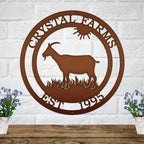 Custom goat metal sign for barns and farmhouses, brown outdoor décor with goat silhouette and 'Crystal Farms' text on white brick wall