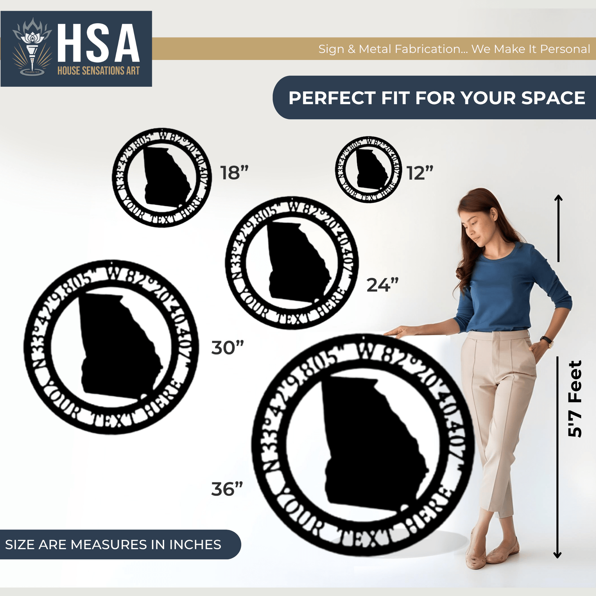 Custom metal GPS coordinates signs and decorative wall art by House Sensations Art, shown with size measurements and person for scale, personalized home décor, HouseSensationsArt