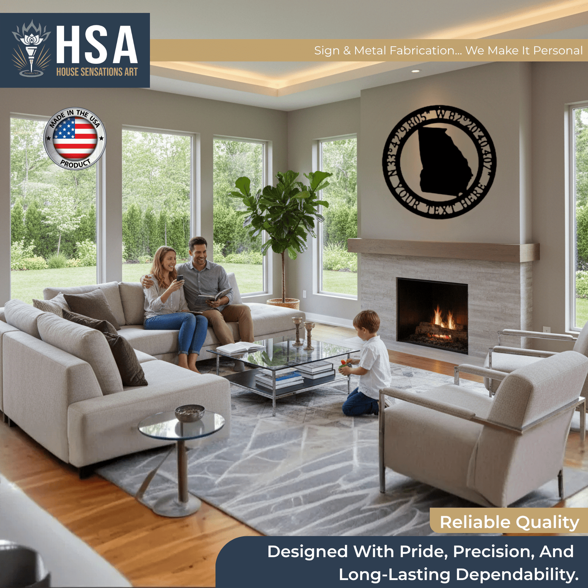 Living room with family and personalized metal GPS coordinates wall sign, featuring HSA House Sensations Art logo and “Made in the USA” badge, decorative home wall décor