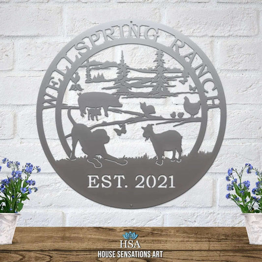 Custom hobby farm animals metal sign with cow, pig, and chicken; perfect for barn or farmhouse decor.