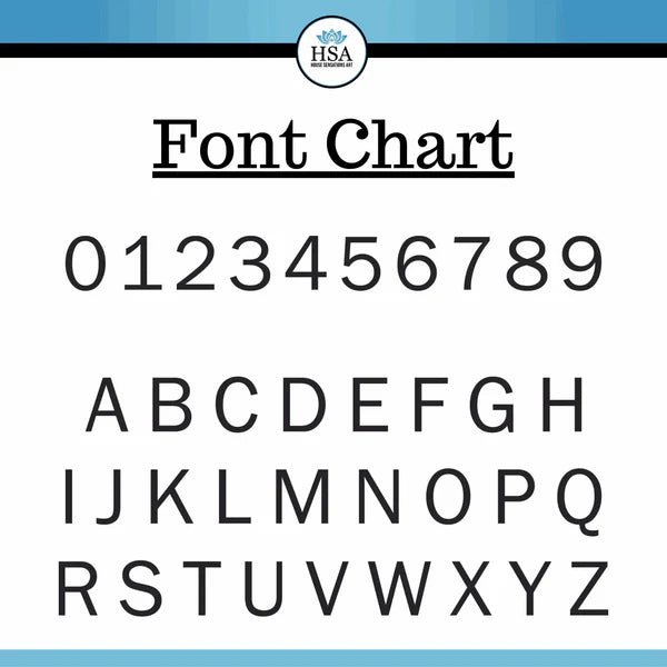 Custom Horse Ranch address sign font chart displaying letters A–Z and numbers 0–9 on a white background, guide for personalized metal signage