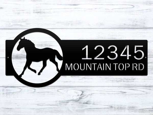 Custom metal Horse Ranch address sign with horse silhouette, personalized house number plaque, powder coated outdoor décor mounted on white wooden background