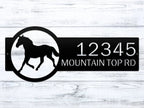 Custom metal Horse Ranch address sign with horse silhouette, personalized house number plaque, powder coated outdoor décor mounted on white wooden background