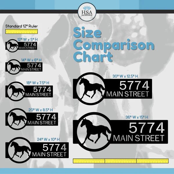 Custom Horse Ranch address sign size comparison chart, showing multiple metal sign dimensions with horse design, measurements, and HSA logo for reference