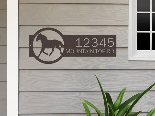 Custom metal Horse Ranch address sign with horse silhouette, decorative outdoor plaque mounted on house exterior, powder coated for durability