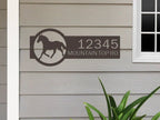 Custom metal Horse Ranch address sign with horse silhouette, decorative outdoor plaque mounted on house exterior, powder coated for durability