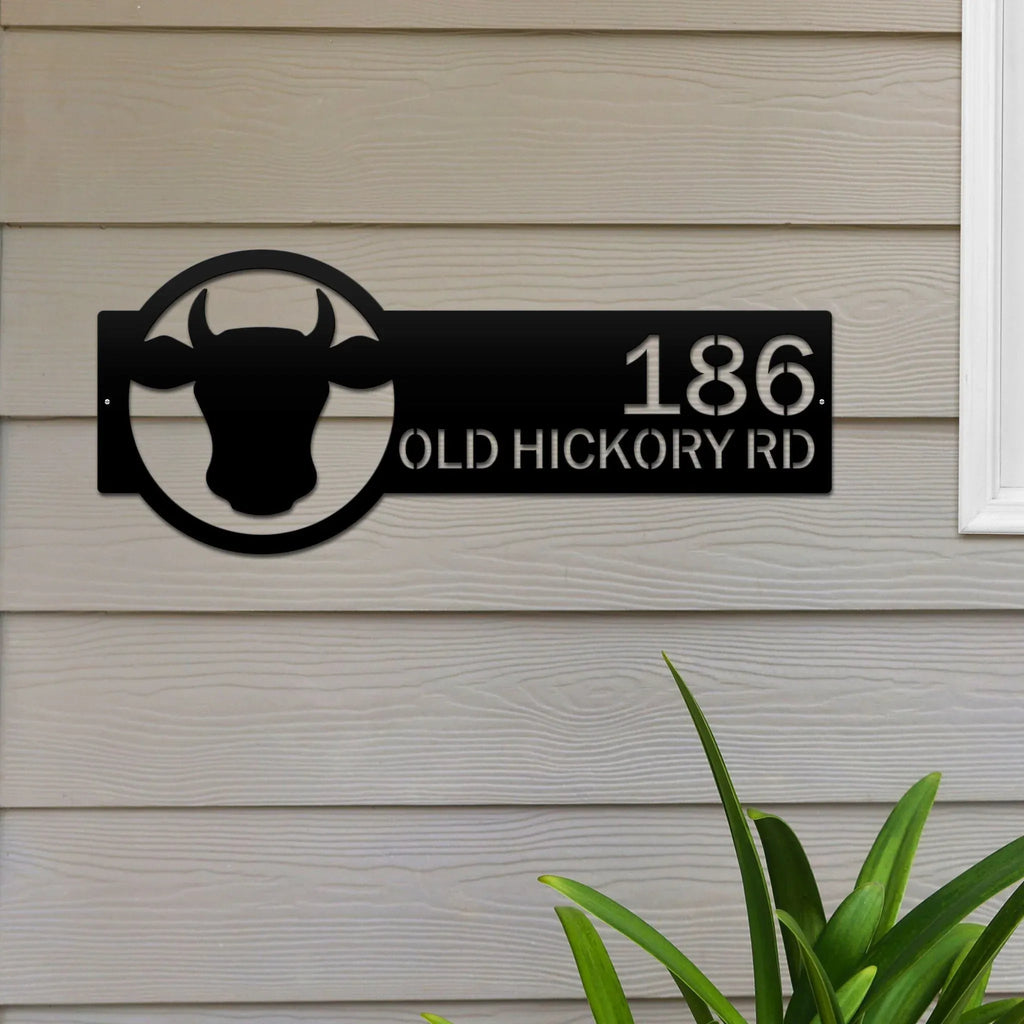 Custom house number metal sign with bull design, mounted on house exterior, front door outdoor address plaque, modern décor