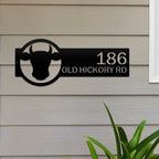 Custom house number metal sign with bull design, mounted on house exterior, front door outdoor address plaque, modern décor