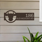 Custom house address metal sign with bull logo, mounted on house exterior, front door outdoor plaque, modern street décor