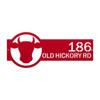 Custom red house address metal plaque with white bull logo, front door outdoor sign, 186 Old Hickory Rd, modern street décor