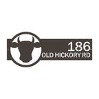 Custom black and white house address metal plaque with bull logo, front door outdoor sign, modern street décor