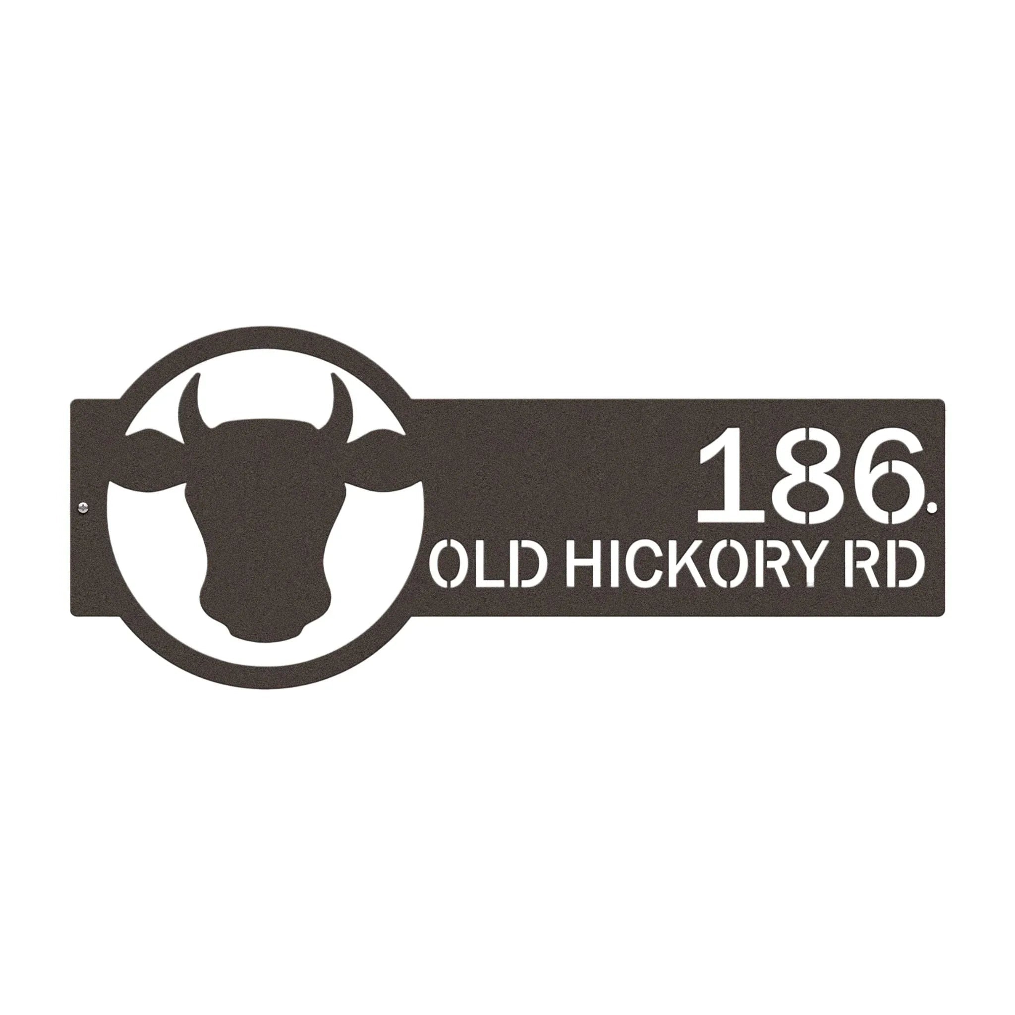 Custom black and white house address metal plaque with bull logo, front door outdoor sign, modern street décor