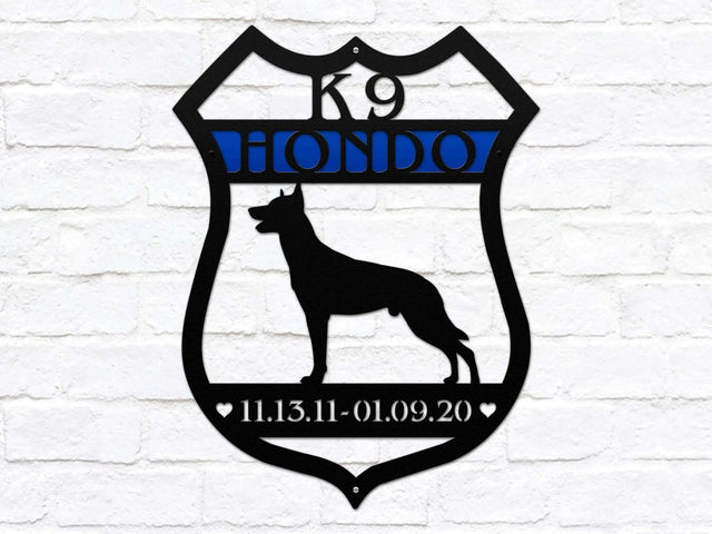 Custom K9 police sign – Belgian Malinois metal house address plaque with weather-resistant finish