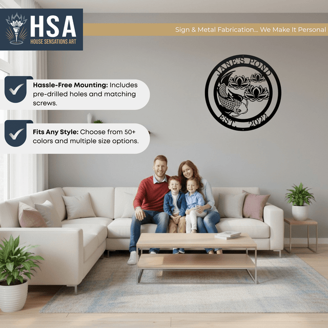 Custom Koi and Lotus Flower Metal Art Zen Decor for Any Space, Asian Inspired Wall Art, Personalized Garden Sign - TTS - HouseSensationsArt