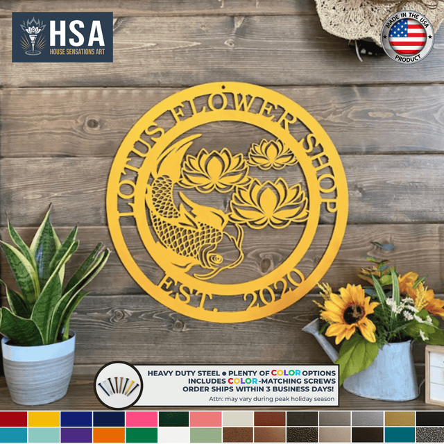 Custom Koi and Lotus Flower Metal Art Zen Decor for Any Space, Asian Inspired Wall Art, Personalized Garden Sign - TTS - HouseSensationsArt