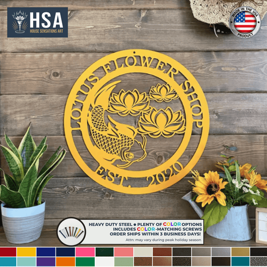 Custom Koi and Lotus Flower Metal Art Zen Decor for Any Space, Asian Inspired Wall Art, Personalized Garden Sign - TTS - HouseSensationsArt