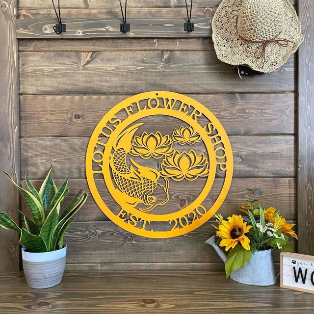 Koi fish and lotus metal sign – custom laser cut wall art for tranquil garden or front porch address display