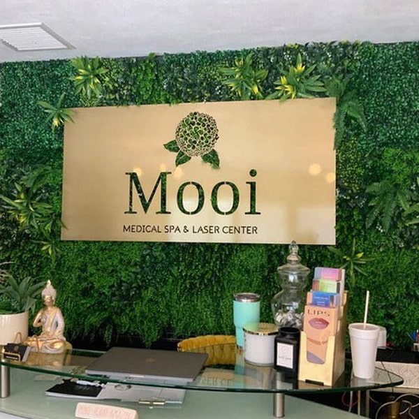 Custom laser-cut metal business sign with "Mooi Medical Spa & Laser Center," decorative outdoor wall art, powder coated plaque displayed with greenery background