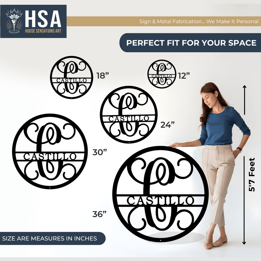 Size chart for a personalized last-name metal monogram sign
