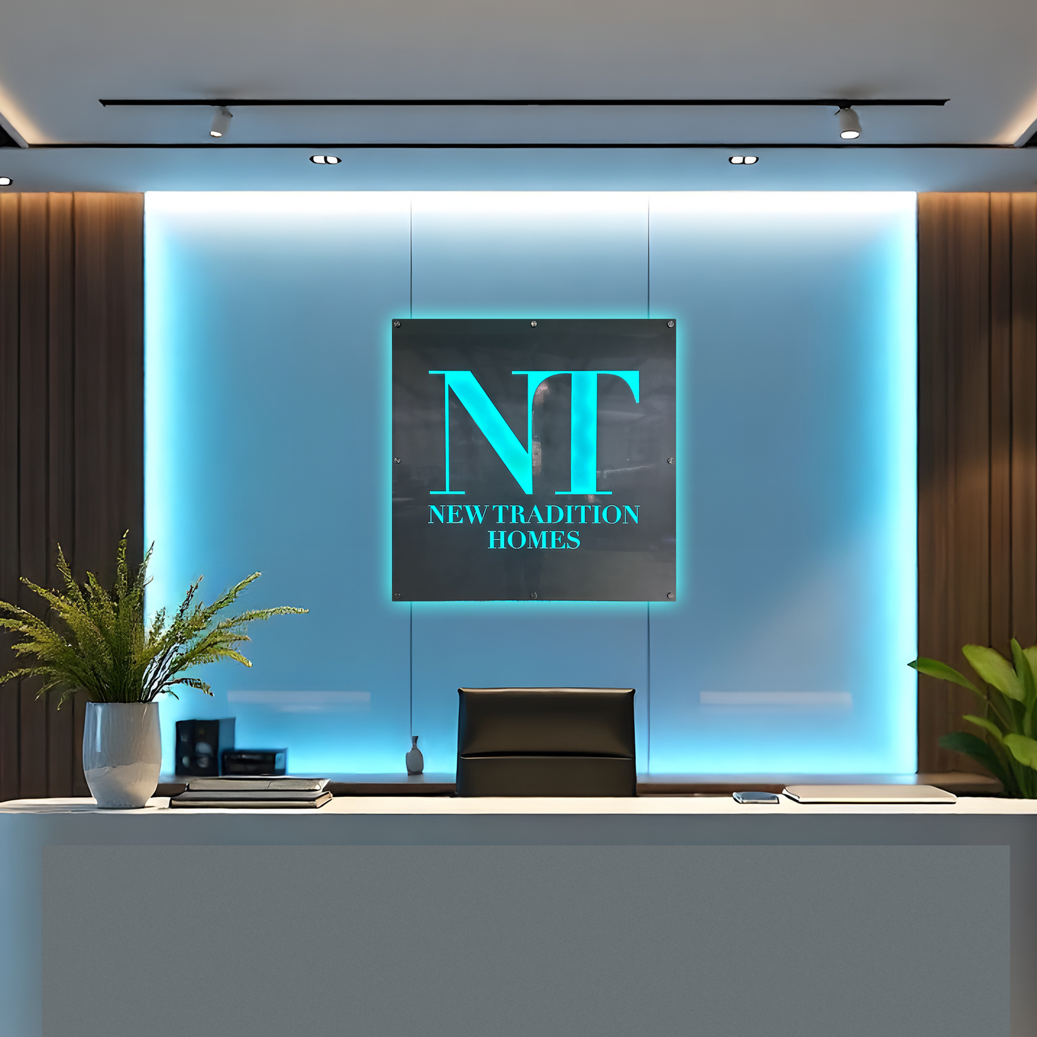 Custom brushed metal LED office sign with a backlit display for indoor and outdoor professional branding.