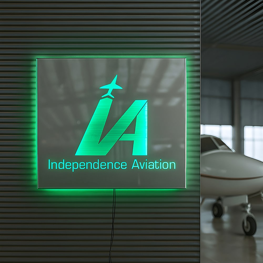 Green neon custom light box sign displaying the “Independence Aviation” logo on a wall with an airplane in the background