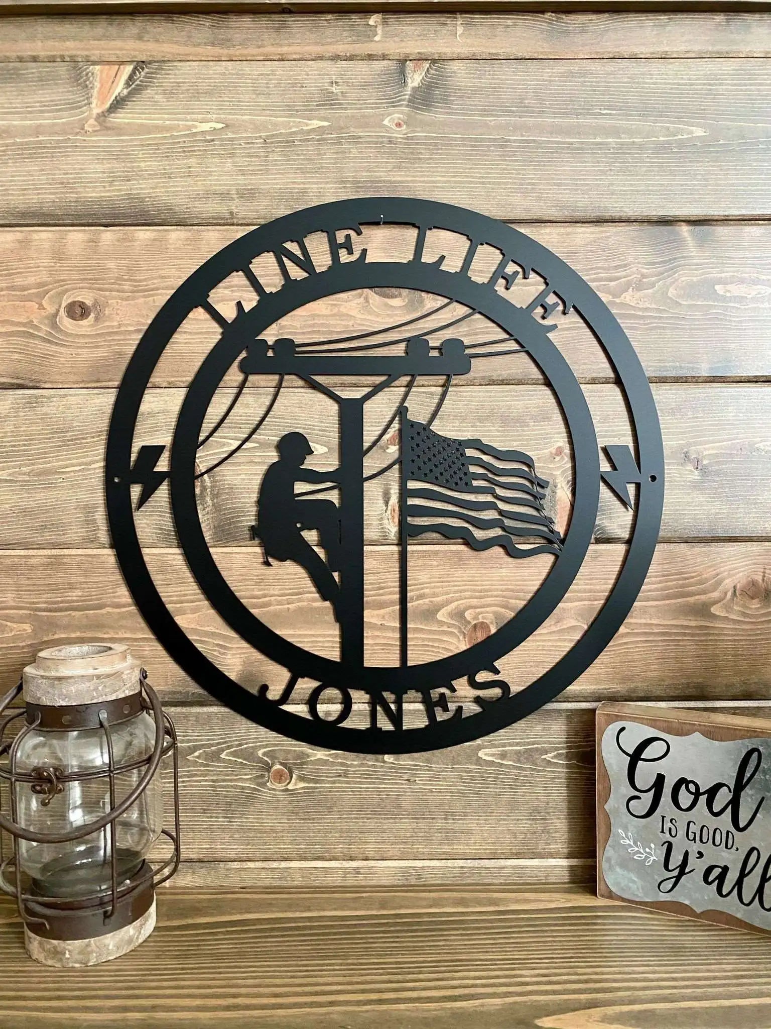 Custom lineman sign – personalized metal house name plaque for outdoor address or lineman retirement gift