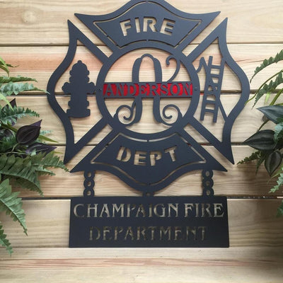 Custom Maltese Cross metal wall plaque with “FIRE DEPT” and “Champaign Fire Department” text on wooden background, personalized firefighter décor, HouseSensationsArt