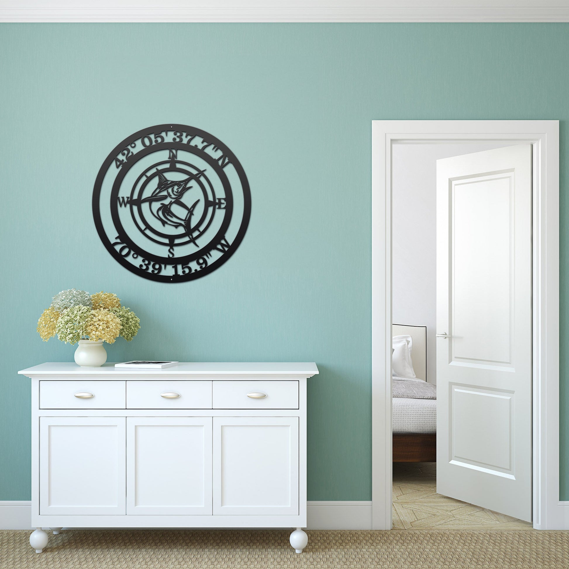 Custom marlin compass coordinates metal sign for boat dock or seaside home