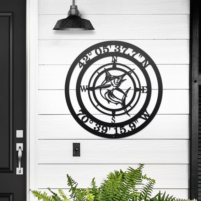Custom marlin compass wall decor with GPS coordinates, personalized coastal metal sign
