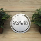 Custom round LED office and storefront metal sign featuring “Alcentro Trattoria” text, designed for restaurant branding, outdoor display, and professional signage.