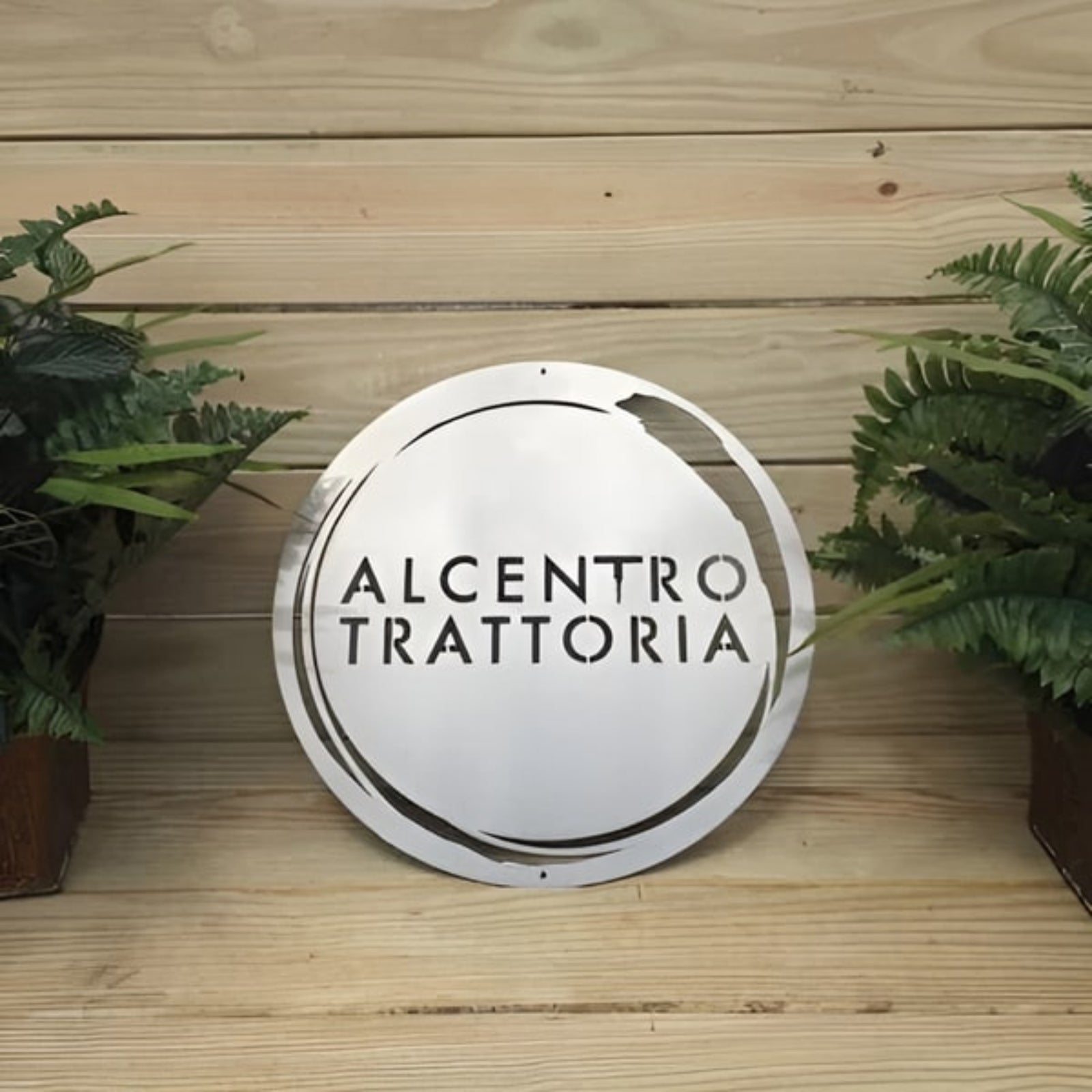 Custom round LED office and storefront metal sign featuring “Alcentro Trattoria” text, designed for restaurant branding, outdoor display, and professional signage.