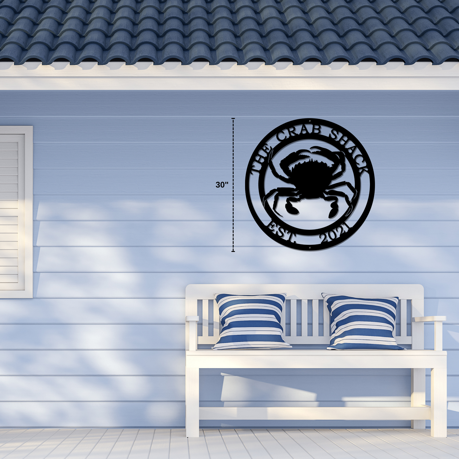 Personalized crab sign, custom metal wall decor with coastal nautical design for outdoor or indoor spaces