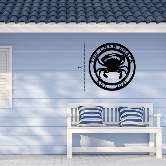 Personalized crab sign, custom metal wall decor with coastal nautical design for outdoor or indoor spaces