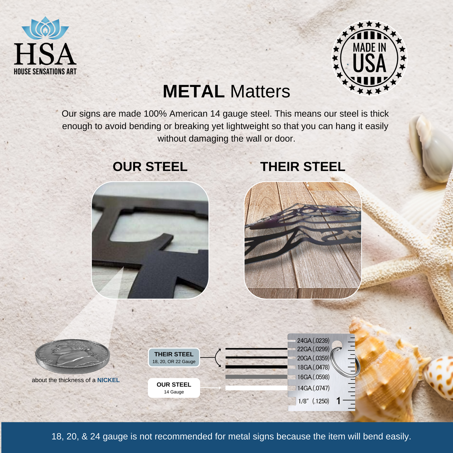 Custom metal crab sign comparison showing their steel vs ours steel quality